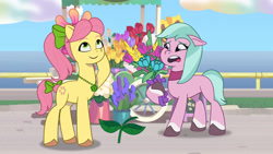 Size: 3410x1920 | Tagged: safe, screencap, dahlia, posey bloom, earth pony, pony, g5, my little pony: tell your tale, neighfever, spoiler:g5, spoiler:my little pony: tell your tale, spoiler:tyts01e16, duo, eyes closed, female, flower, high res, mare, open mouth, smiling, youtube link