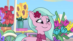 Size: 3410x1920 | Tagged: safe, screencap, dahlia, earth pony, pony, g5, my little pony: tell your tale, neighfever, spoiler:g5, spoiler:my little pony: tell your tale, spoiler:tyts01e16, female, flower, high res, mare, smiling, solo, youtube link