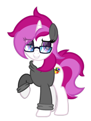 Size: 1800x2400 | Tagged: safe, artist:ponkus, oc, oc only, oc:skylar palette, pony, unicorn, clothes, female, full body, glasses, grin, high res, hoodie, horn, mare, raised hoof, show accurate, simple background, smiling, solo, standing, tail, transparent background, two toned mane, two toned tail, unicorn oc