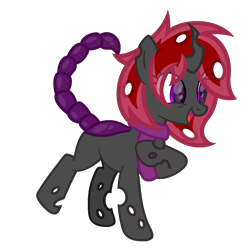 Size: 1400x1400 | Tagged: safe, artist:ponkus, oc, oc only, oc:eternia atine, changeling, pony, changeling oc, full body, hoof on chest, hooves, horn, open mouth, open smile, purple changeling, scorpion changeling, show accurate, simple background, smiling, solo, transparent background