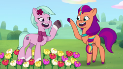 Size: 3500x1954 | Tagged: safe, screencap, dahlia, sunny starscout, earth pony, pony, g5, my little pony: tell your tale, neighfever, spoiler:g5, spoiler:my little pony: tell your tale, spoiler:tyts01e16, female, flower, mane stripe sunny, mare