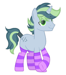 Size: 1600x1800 | Tagged: safe, artist:ponkus, oc, oc only, oc:poage, pony, unicorn, clothes, eyebrows, eyebrows visible through hair, full body, horn, lidded eyes, male, show accurate, simple background, smiling, socks, solo, stallion, standing, striped socks, tail, tail wrap, transparent background, two toned mane, two toned tail, unicorn oc