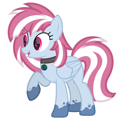 Size: 1600x1600 | Tagged: safe, artist:ponkus, oc, oc only, oc:evening skies, pegasus, pony, coat markings, collar, female, folded wings, full body, hooves, mare, open mouth, open smile, pegasus oc, raised hoof, show accurate, simple background, smiling, solo, standing, tail, transparent background, two toned mane, two toned tail, wings