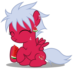Size: 3570x3370 | Tagged: safe, artist:strategypony, oc, oc only, oc:melon frost, pegasus, pony, :t, ^^, cute, ear piercing, eating, eyes closed, female, filly, foal, food, freckles, fruit, full body, herbivore, high res, hoof hold, hooves, pegasus oc, piercing, shadow, show accurate, simple background, sitting, smiling, solo, spread wings, tail, transparent background, watermelon, wings