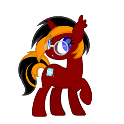 Size: 2000x2000 | Tagged: safe, artist:ponkus, oc, oc only, oc:red flame, bat pony, bat pony unicorn, hybrid, pony, unicorn, ear fluff, ear tufts, fangs, female, full body, glasses, high res, hooves, horn, mare, raised hoof, show accurate, simple background, smiling, solo, standing, tail, transparent background, two toned mane, two toned tail