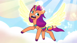 Size: 3410x1920 | Tagged: safe, screencap, sunny starscout, alicorn, pony, g5, my little pony: tell your tale, neighfever, spoiler:g5, spoiler:my little pony: tell your tale, spoiler:tyts01e16, artificial horn, artificial wings, augmented, female, high res, horn, magic, magic horn, magic wings, mane stripe sunny, mare, open mouth, race swap, solo, spread wings, sunnycorn, wings, youtube link