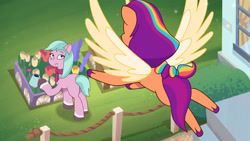Size: 3410x1920 | Tagged: safe, screencap, dahlia, sunny starscout, alicorn, earth pony, pony, g5, my little pony: tell your tale, neighfever, spoiler:g5, spoiler:my little pony: tell your tale, spoiler:tyts01e16, artificial horn, artificial wings, augmented, duo, female, flower, high res, horn, magic, magic horn, magic wings, mane stripe sunny, mare, race swap, spread wings, sunnycorn, watering can, wings, youtube link