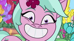 Size: 720x404 | Tagged: safe, screencap, dahlia, earth pony, pony, g5, my little pony: tell your tale, neighfever, spoiler:tyts01e16, animated, bean mouth, creepy, creepy smile, desperate, eye twitch, female, flower, mare, reaction image, smiling, solo