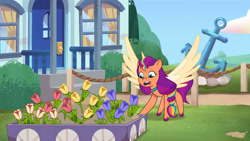 Size: 3410x1920 | Tagged: safe, screencap, sunny starscout, alicorn, pony, g5, my little pony: tell your tale, neighfever, spoiler:g5, spoiler:my little pony: tell your tale, spoiler:tyts01e16, female, flower, high res, mane stripe sunny, mare, open mouth, race swap, solo, spread wings, sunnycorn, wings, youtube link