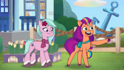 Size: 3410x1920 | Tagged: safe, screencap, dahlia, sunny starscout, earth pony, pony, g5, my little pony: tell your tale, neighfever, spoiler:g5, spoiler:my little pony: tell your tale, spoiler:tyts01e16, anchor, duo, female, flower, high res, mane stripe sunny, mare, open mouth, open smile, smiling, youtube link