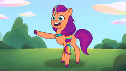 Size: 3410x1920 | Tagged: safe, screencap, sunny starscout, earth pony, pony, g5, my little pony: tell your tale, neighfever, spoiler:g5, spoiler:my little pony: tell your tale, spoiler:tyts01e16, female, high res, mane stripe sunny, mare, open mouth, open smile, smiling, solo, youtube link