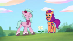 Size: 3410x1920 | Tagged: safe, screencap, dahlia, sunny starscout, earth pony, pony, g5, my little pony: tell your tale, neighfever, spoiler:g5, spoiler:my little pony: tell your tale, spoiler:tyts01e16, duo, eyes closed, female, flower, frown, high res, mane stripe sunny, mare, open mouth, open smile, smiling, sweat, youtube link