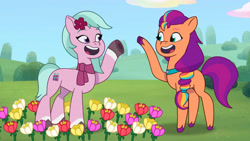 Size: 3410x1920 | Tagged: safe, screencap, dahlia, sunny starscout, earth pony, pony, g5, my little pony: tell your tale, neighfever, spoiler:g5, spoiler:my little pony: tell your tale, spoiler:tyts01e16, duo, female, flower, high res, mane stripe sunny, mare, open mouth, open smile, smiling, youtube link