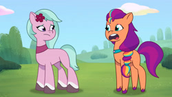Size: 3410x1920 | Tagged: safe, screencap, dahlia, sunny starscout, earth pony, pony, g5, my little pony: tell your tale, neighfever, spoiler:g5, spoiler:my little pony: tell your tale, spoiler:tyts01e16, duo, female, high res, mane stripe sunny, mare, open mouth, youtube link