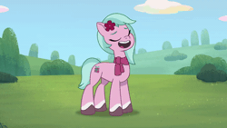 Size: 600x338 | Tagged: safe, screencap, dahlia, earth pony, pony, g5, my little pony: tell your tale, neighfever, spoiler:g5, spoiler:my little pony: tell your tale, spoiler:tyts01e16, adordahlia, animated, cute, earth pony grow dance, earth pony magic, female, flower, flower in hair, happy, magic, mare, solo, sparkles