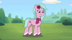 Size: 800x450 | Tagged: safe, screencap, dahlia, sunny starscout, earth pony, pony, g5, my little pony: tell your tale, neighfever, spoiler:g5, spoiler:my little pony: tell your tale, spoiler:tyts01e16, animated, dancing, disappointed, earth pony grow dance, earth pony magic, female, flower, flower in hair, gif, grass, magic, magic glow, magnifying glass, mane stripe sunny, mare, sad, sparkles, youtube link