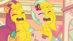 Size: 3410x1920 | Tagged: safe, screencap, dahlia, sunny starscout, earth pony, pony, g5, my little pony: tell your tale, neighfever, spoiler:g5, spoiler:my little pony: tell your tale, spoiler:tyts01e16, duo, eyes closed, female, high res, mane stripe sunny, mare, open mouth, pollen, sneezing, youtube link