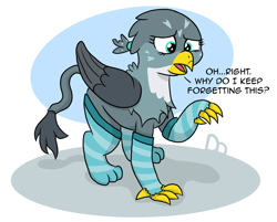 Size: 2184x1757 | Tagged: safe, artist:doodledonutart, gabby, griffon, g4, claws, clothes, griffon problems, simple background, socks, solo, striped socks, torn clothes, white background