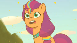 Size: 3410x1920 | Tagged: safe, screencap, sunny starscout, earth pony, pony, g5, my little pony: tell your tale, neighfever, spoiler:g5, spoiler:my little pony: tell your tale, spoiler:tyts01e16, female, high res, mane stripe sunny, mare, open mouth, pollen, sneeze song, solo, youtube link