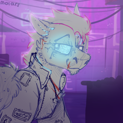 Size: 2300x2300 | Tagged: safe, artist:molars, oc, oc only, pegasus, pony, augmented, city, clothes, cyberpunk, high res, jacket, neon, patch, prosthetic eye, prosthetics, sketch, solo, wip