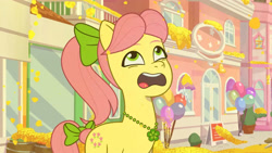 Size: 3410x1920 | Tagged: safe, screencap, posey bloom, earth pony, pony, g5, my little pony: tell your tale, neighfever, spoiler:g5, spoiler:my little pony: tell your tale, spoiler:tyts01e16, female, high res, mare, open mouth, pollen, solo, youtube link