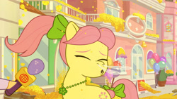 Size: 3410x1920 | Tagged: safe, screencap, posey bloom, earth pony, pony, g5, my little pony: tell your tale, neighfever, spoiler:g5, spoiler:my little pony: tell your tale, spoiler:tyts01e16, :o, allergies, eyes closed, female, high res, mare, microphone, offscreen character, open mouth, pollen, sneezing, solo focus, youtube link