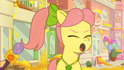 Size: 3410x1920 | Tagged: safe, screencap, posey bloom, earth pony, pony, g5, my little pony: tell your tale, neighfever, spoiler:g5, spoiler:my little pony: tell your tale, spoiler:tyts01e16, :o, allergies, eyes closed, female, high res, mare, microphone, offscreen character, open mouth, pollen, sneezing, snot, solo focus, youtube link