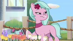 Size: 3410x1920 | Tagged: safe, screencap, dahlia, earth pony, pony, g5, my little pony: tell your tale, neighfever, spoiler:g5, spoiler:my little pony: tell your tale, spoiler:tyts01e16, allergies, female, flower, high res, mare, snot, solo, youtube link