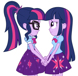 Size: 1968x1921 | Tagged: safe, artist:biggernate91, editor:biggernate91, sci-twi, twilight sparkle, human, equestria girls, equestria girls series, g4, base used, bowtie, clothes, cute, cutie mark on clothes, duality, fanfic, fanfic art, fanfic cover, fanfic in the description, female, fimfiction.net link, geode of telekinesis, holding hands, lesbian, magical geodes, sci-twi skirt, self paradox, self ponidox, selfcest, ship:sci-twitwi, ship:twitwi, shipping, simple background, skirt, smiling, transparent background, twolight, vector