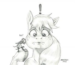 Size: 1280x1105 | Tagged: safe, artist:baron engel, applejack, oc, oc:king trafalgar maximilian augustus leopold iii, earth pony, mouse, pony, g4, clothes, dreamscape, exclamation point, female, furry, grayscale, macro/micro, male, mare, monochrome, pencil drawing, size difference, story in the source, story included, traditional art