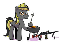 Size: 2923x2067 | Tagged: safe, artist:pony-berserker, oc, oc only, oc:midnight blaze, pegasus, pony, fork, grill, gun, high res, looking at you, machine gun, pkm, requested art, rifle, simple background, solo, weapon, white background