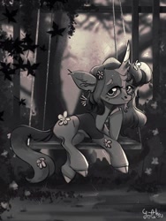 Size: 768x1024 | Tagged: safe, artist:rottengotika, oc, oc only, pony, unicorn, flower, flower in hair, monochrome, solo, swing