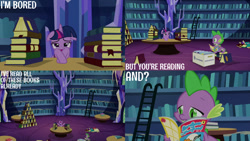 Size: 1280x720 | Tagged: safe, edit, edited screencap, editor:quoterific, screencap, spike, twilight sparkle, alicorn, dragon, pony, g4, made in manehattan, season 5, book, bored, duo, female, floppy ears, ladder, library, male, mare, nose in the air, open mouth, text, twilight sparkle (alicorn), twilight's castle, twilight's castle library