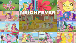 Size: 1280x720 | Tagged: safe, edit, edited screencap, editor:quoterific, screencap, dahlia, dazzle feather, hitch trailblazer, izzy moonbow, pipp petals, posey bloom, shiny sparks, sunny starscout, alicorn, bunnycorn, earth pony, pegasus, pony, rabbit, raccoonicorn, g5, my little pony: tell your tale, neighfever, spoiler:g5, spoiler:my little pony: tell your tale, spoiler:tyts01e16, allergies, eyes closed, female, flower, male, mane stripe sunny, mare, mud, open mouth, open smile, pollen, runny nose, smiling, sneezing, stallion, text