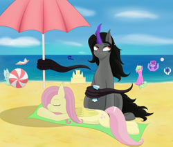 Size: 3042x2596 | Tagged: artist needed, safe, fluttershy, king sombra, lyra heartstrings, oc, earth pony, pegasus, pony, unicorn, g4, beach, beach ball, beach umbrella, cloud, curved horn, duo focus, eyes closed, female, funny, high res, horn, lying down, male, ocean, prone, sandcastle, ship:sombrashy, shipping, straight, sunlight, swimming, water
