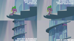Size: 1280x720 | Tagged: safe, edit, edited screencap, editor:quoterific, screencap, spike, twilight sparkle, dragon, pony, unicorn, g4, season 3, the crystal empire, duo, eyes closed, female, king sombra's stair dimension, male, mare, spiral stairs, stairs, text, unicorn twilight, upside down