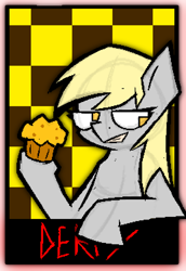 Size: 774x1125 | Tagged: safe, artist:xxv4mp_g4z3rxx, edit, derpy hooves, pegasus, pony, g4, blonde mane, checkered background, female, food, gray coat, mare, muffin, solo, text, yellow eyes