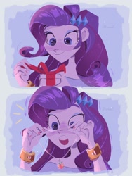 Size: 1536x2048 | Tagged: safe, artist:dreamz, rarity, human, equestria girls, g4, box, bracelet, clothes, cute, eyeshadow, female, implied lesbian, implied rarijack, implied shipping, jewelry, makeup, necklace, open mouth, present, raribetes, shirt, solo