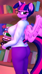 Size: 2160x3840 | Tagged: safe, artist:silkworm205, part of a set, sci-twi, twilight sparkle, alicorn, anthro, art pack:pin-up paradise 2022, 3d, alternate hairstyle, ass, bedroom eyes, book, bookhorse, bookshelf, breasts, busty twilight sparkle, butt, carrying, clothes, dock, female, glasses, golden oaks library, high res, implied tail hole, librarian, library, looking at you, looking back, necktie, pinup, revamped anthros, sci-twibutt, shirt, side view, solo, source filmmaker, tail, trousers, twilight sparkle (alicorn)