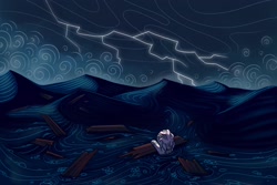 Size: 2560x1707 | Tagged: safe, artist:hilloty, oc, zebra, lightning, ocean, solo, storm, water