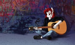 Size: 2560x1536 | Tagged: safe, artist:hilloty, oc, oc only, anthro, plantigrade anthro, commission, ear piercing, earring, female, graffiti, guitar, jewelry, musical instrument, piercing, sitting, solo