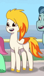 Size: 318x553 | Tagged: safe, screencap, flare (g5), rufus, earth pony, pegasus, pony, g5, my little pony: tell your tale, neighfever, spoiler:g5, spoiler:my little pony: tell your tale, spoiler:tyts01e16, cropped, female, fiery mane, gif, mare, non-animated gif, solo focus, stallion