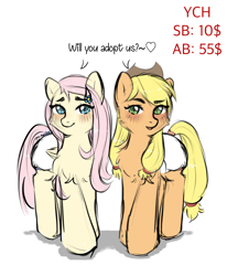 Size: 2490x3022 | Tagged: safe, artist:vaiola, applejack, fluttershy, earth pony, pegasus, pony, g4, accessory, advertisement, applejack's hat, auction, big eyes, blushing, chest fluff, commission, cowboy hat, cute, diaper, diaper fetish, duo, eyebrows, female, fetish, full body, happy, hat, high res, looking at you, love, mare, non-baby in diaper, poofy diaper, shy, simple background, tail, white background, ych example, your character here
