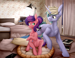 Size: 6000x4600 | Tagged: safe, artist:vepital', oc, oc only, earth pony, human, pony, unicorn, absurd file size, absurd resolution, bed, bedroom, book, curtains, cushion, cyrillic, duo, earth pony oc, horn, lamp, looking at each other, pillow, russian, sailor moon (series), sitting, smiling, smiling at each other, unicorn oc