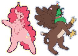 Size: 1609x1155 | Tagged: safe, artist:greenarsonist, pinkie pie, oc, oc:frizz, griffon, pegasus, pony, g4, birthday, cat ears, celebration, chubby, collar, dancing, fat, feathered wings, griffon oc, hat, male, nonbinary, nonbinary pride flag, pansexual, pansexual pride flag, party hat, paws, pegasus pinkie pie, pride, pride flag, pudgy pie, race swap, simple background, smiling, spread wings, trans male, transgender, transgender pride flag, transparent background, unshorn fetlocks, wings