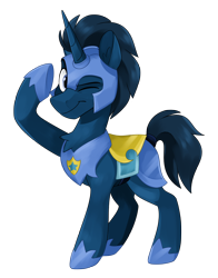Size: 2324x2961 | Tagged: safe, artist:luximus17, oc, oc only, oc:slashing prices, pony, unicorn, armor, armor skirt, badge, chest fluff, chestplate, commission, ear fluff, eyebrows, helmet, high res, hoof shoes, horn, male, one eye closed, raised hoof, royal guard, royal guard armor, salute, simple background, skirt, smiling, solo, stallion, tack, transparent background, unicorn oc, wink