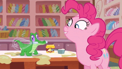 Size: 1920x1080 | Tagged: safe, screencap, gummy, pinkie pie, alligator, earth pony, pony, g4, season 5, the lost treasure of griffonstone, 1080p, animated, heart, kissing, mouth hold, sound, webm