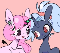 Size: 1245x1108 | Tagged: safe, artist:10uhh, oc, oc only, pony, unicorn, duo, duo female, ear piercing, earring, female, headband, horn, jewelry, looking at each other, looking at someone, mare, piercing, simple background
