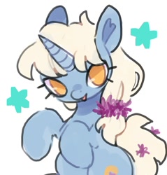 Size: 918x961 | Tagged: safe, artist:10uhh, oc, oc only, pony, unicorn, female, flower, flower in hair, heart ears, horn, looking at you, mare, simple background, solo, stars
