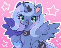Size: 917x732 | Tagged: safe, artist:10uhh, princess luna, alicorn, pony, g4, blush sticker, blushing, female, gradient background, heart ears, horn, looking at you, pink background, raised hoof, s1 luna, simple background, solo, spread wings, starry background, wings